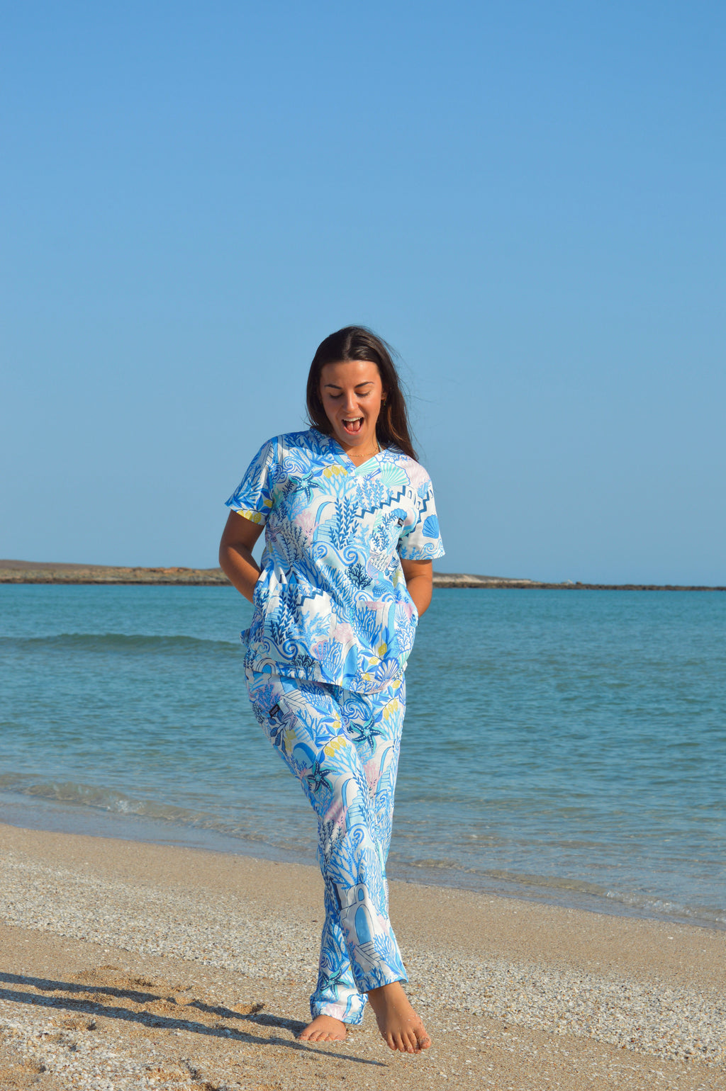 Santorini Blues Printed Scrub Set Top + Bottom