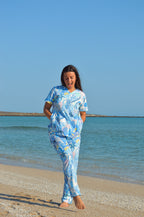 Santorini Blues Printed Scrub Set Top + Bottom