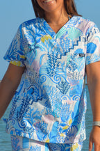 Santorini Blues Printed Scrub Set Top + Bottom