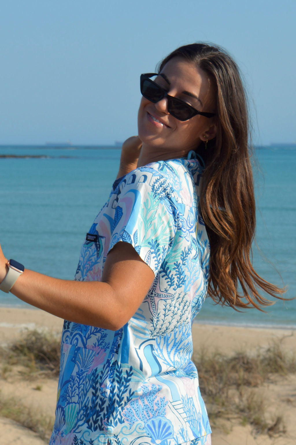 Santorini Blues Printed Scrub Set Top + Bottom