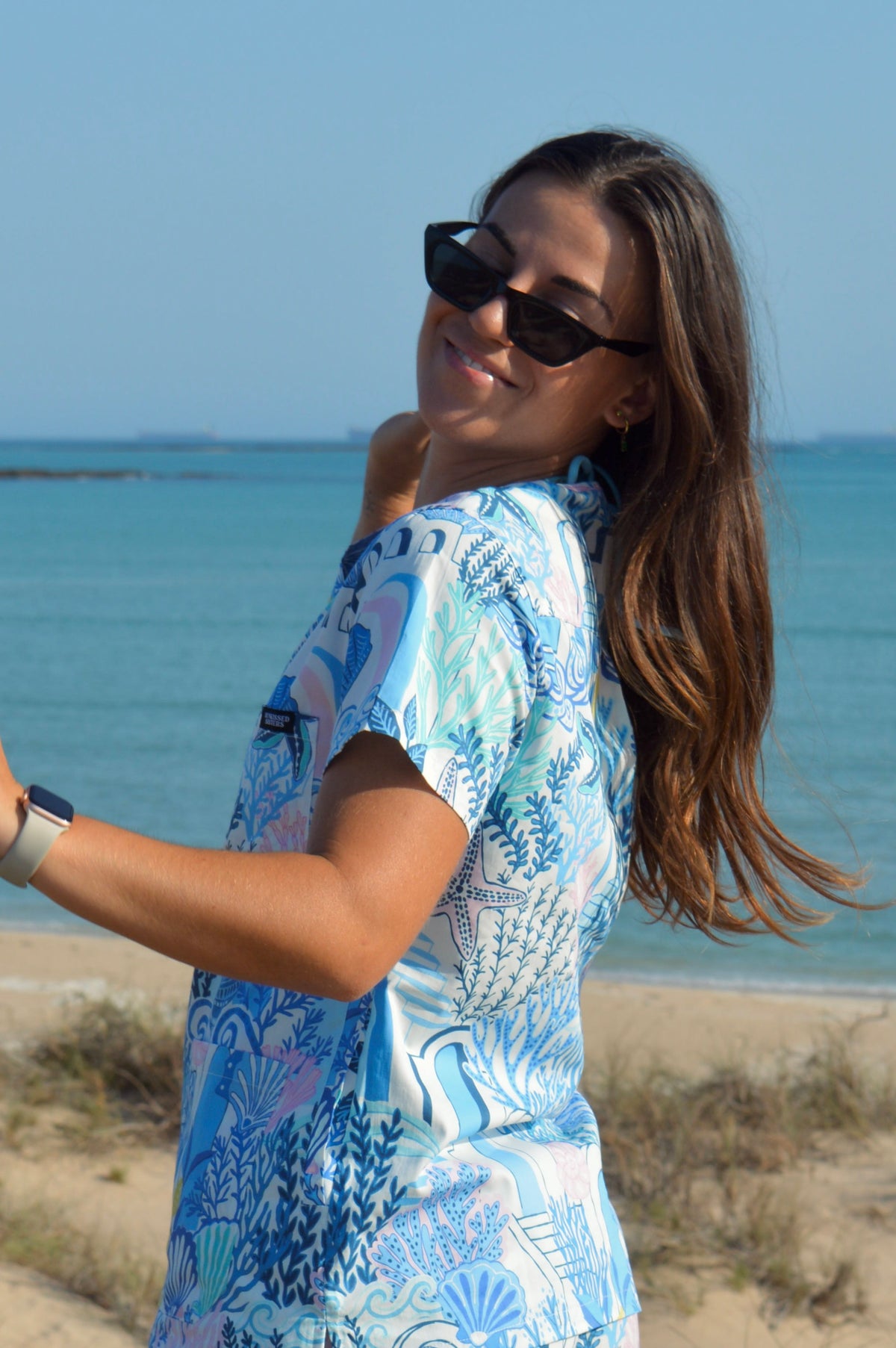 Santorini Blues Printed Scrub Set Top + Bottom